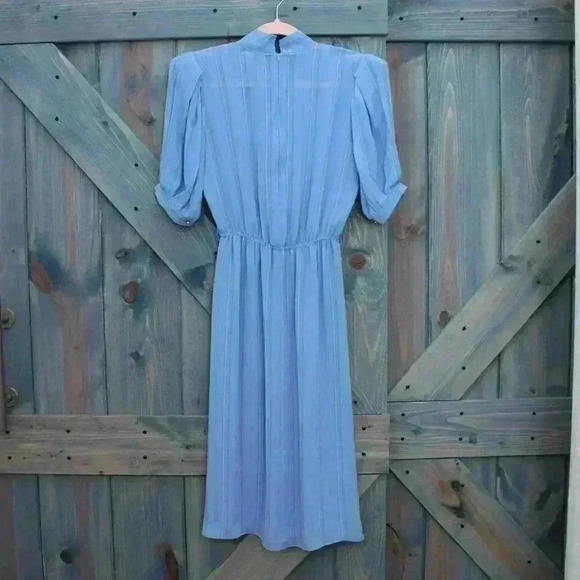 Vintage 80s Sheer Dress Blue Puffy Sleeve Pleated Size Small 4 5 6 - Picture 6 of 7
